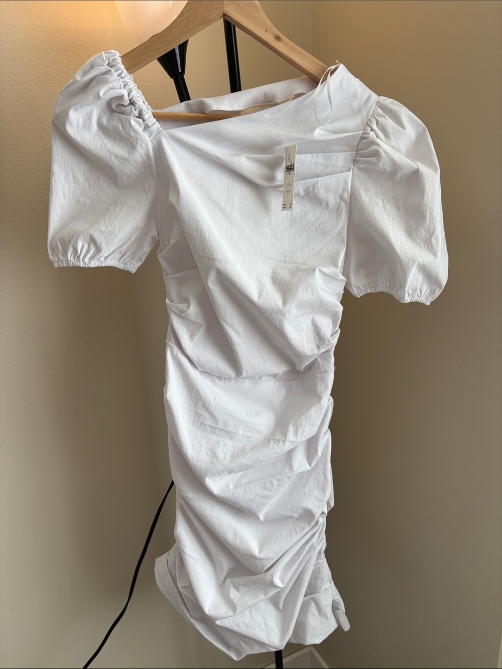 Maeve White Puff-Sleeve Asymmetrical Ruched Mini Dress
